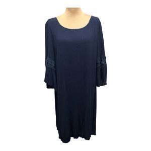 Luxology Navy Blue Midi Dress Bell Sleeves Lace Detail Keyhole Back Lined Sz 22